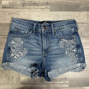 Hollister Blue Denim Jean Shorts with White Embroidery